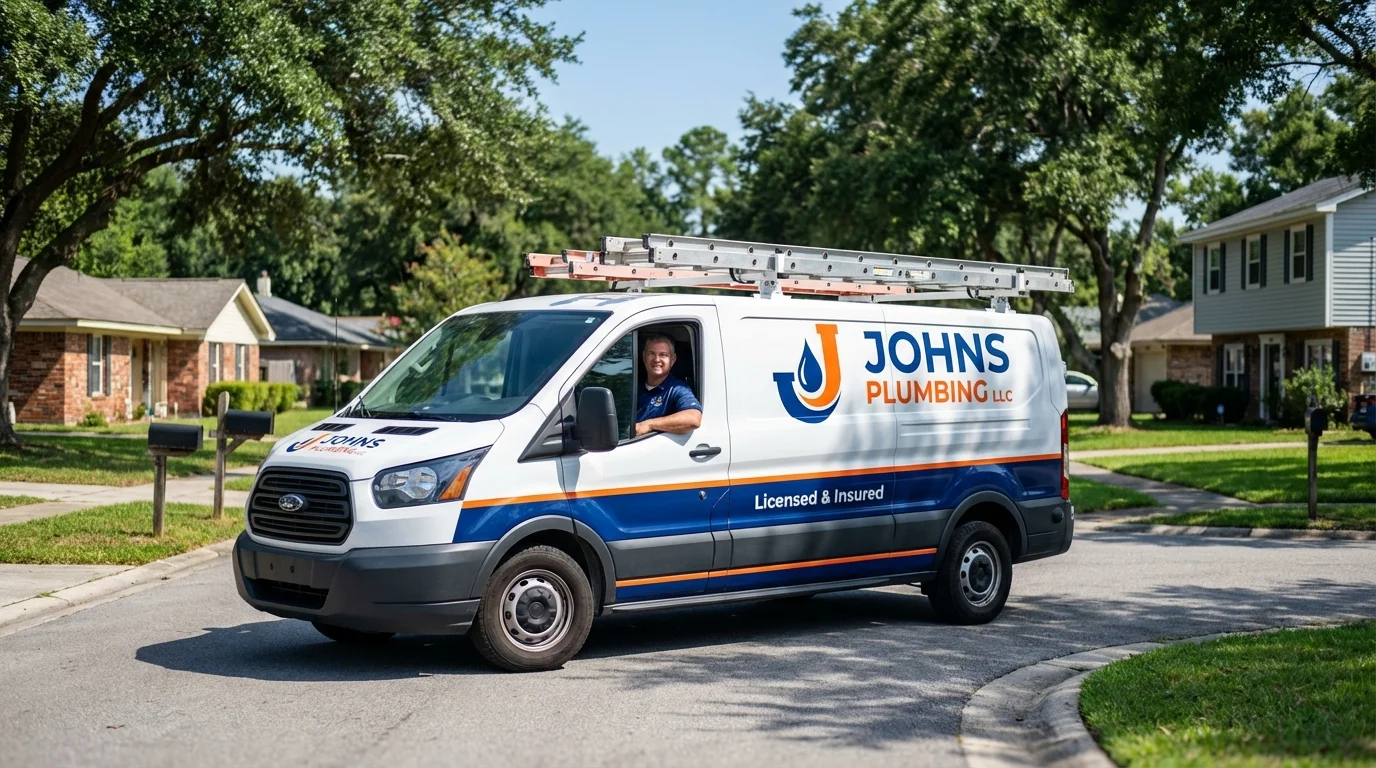 Johns Plumbing LLC service van in Riverside, CT