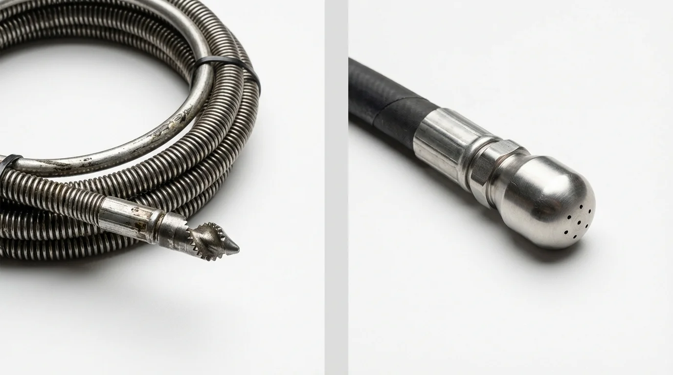 Drain snake cable and hydro jetting nozzle used for drain cleaning in Riverside, CT