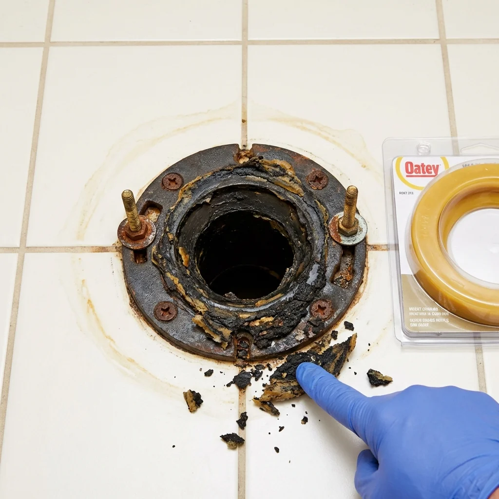 Failed wax ring showing water seepage at the base of a toilet in a Riverside, CT home