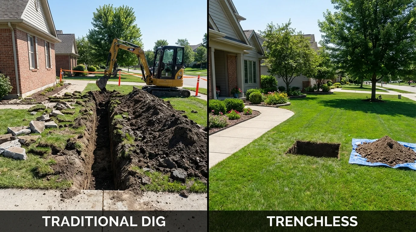 Trenchless sewer repair with minimal yard damage versus traditional excavation in Riverside, CT
