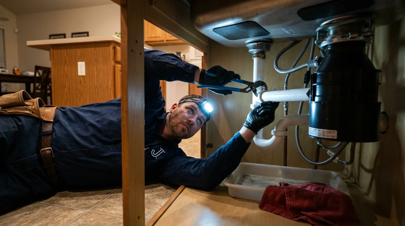 P-trap and supply line connections under a kitchen sink showing a common leak point in Riverside, CT